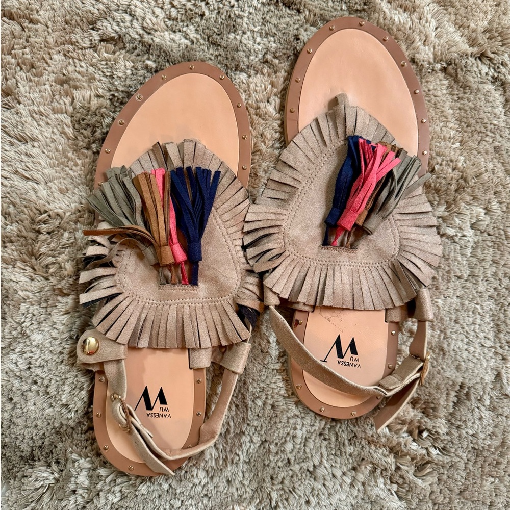 Vanessa Wu Fringe Slingback Sandals 10